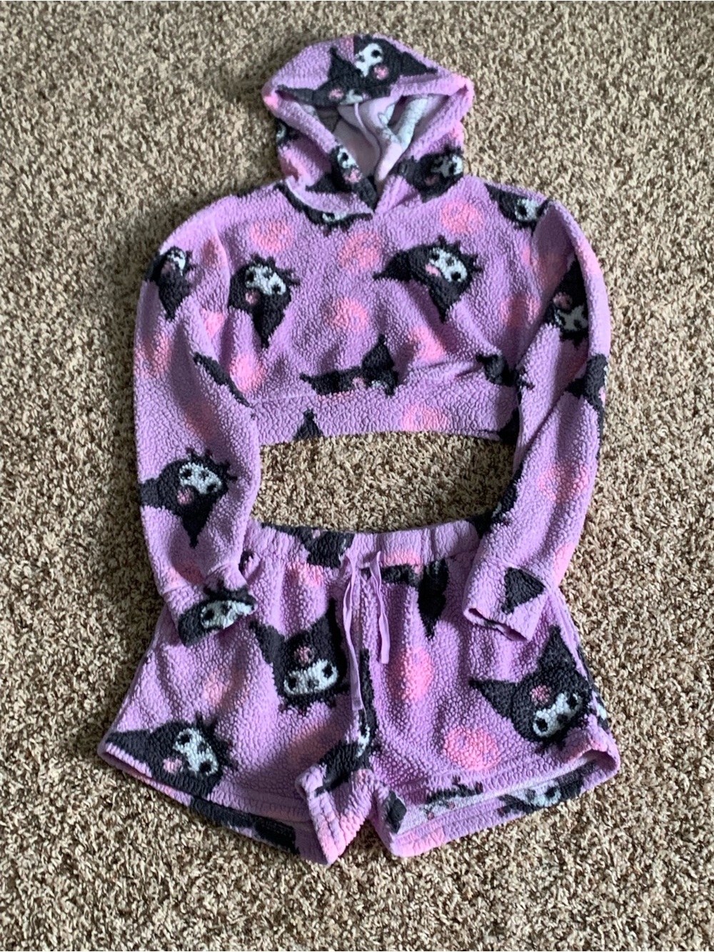 Purple Plush Hooded Crop Top & Shorts Set with Black Kuromi Print